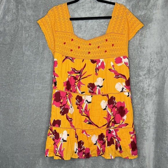 Lane Bryant 28 3X Top Shirt Yellow Floral Flower Square Neck Cap Short Sleeve - Picture 1 of 7